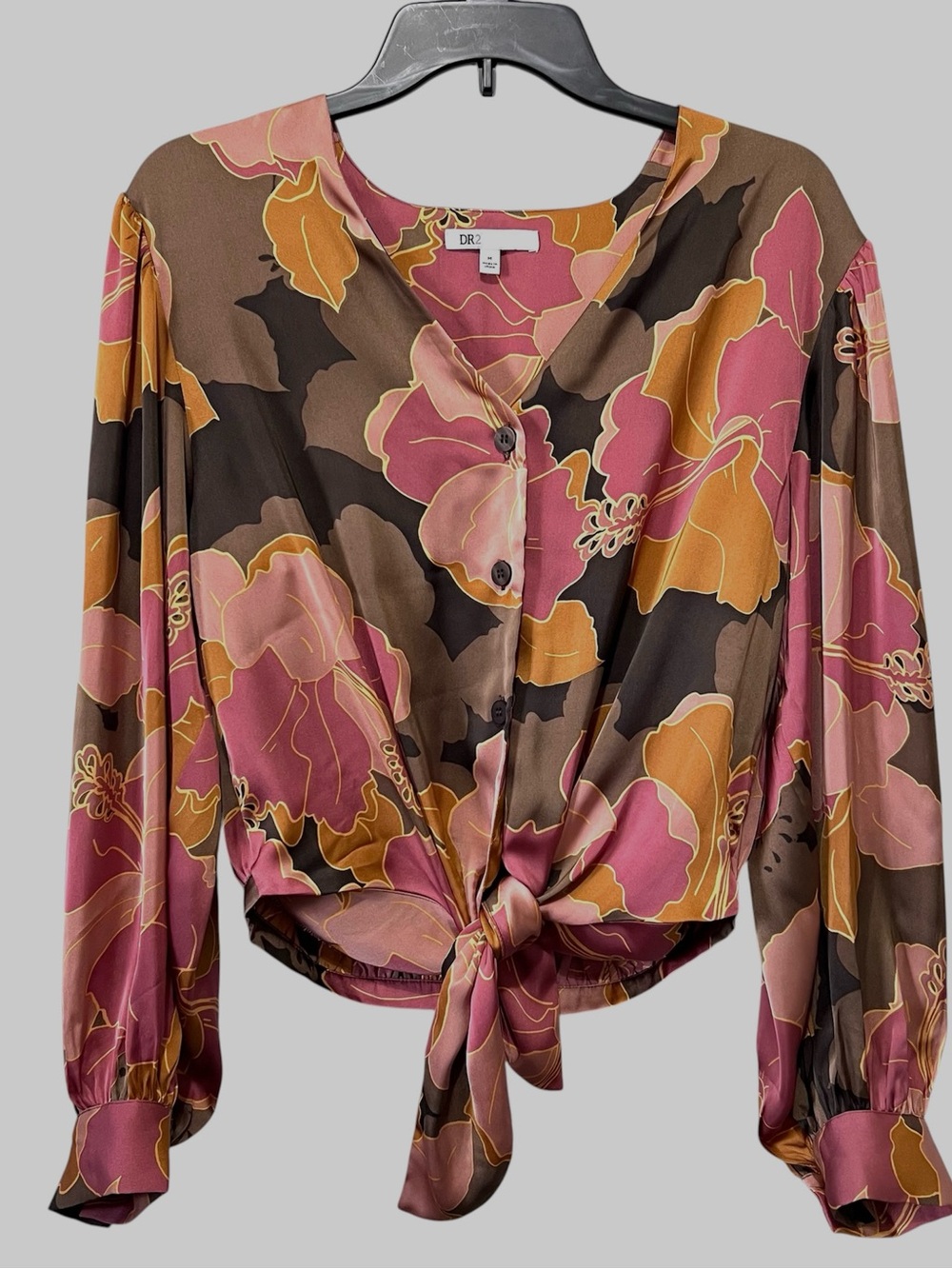 DR2 Floral Tie-Front Blouse in Pink, Brown & Mustard